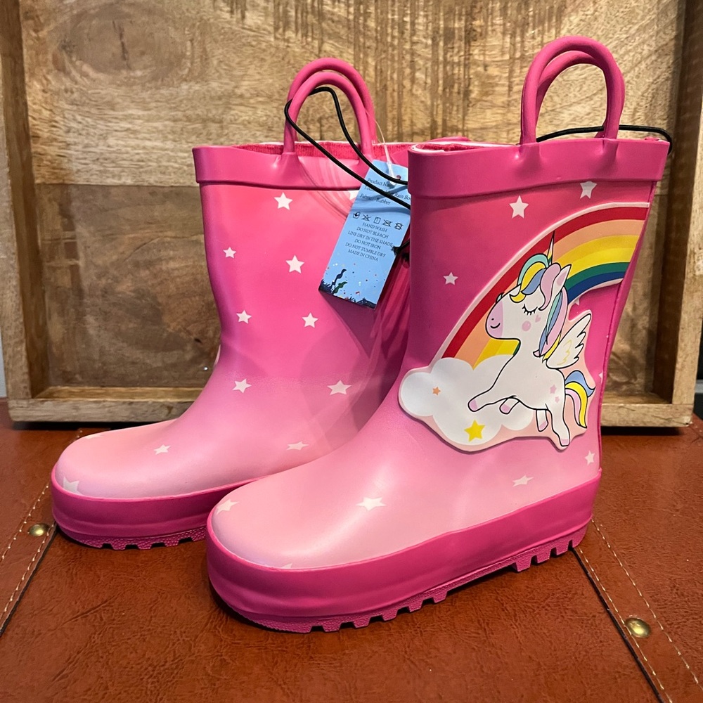 NWT Girls Rainbow Unicorn Rubber Rain Boots, Size 9, Pink, Spring